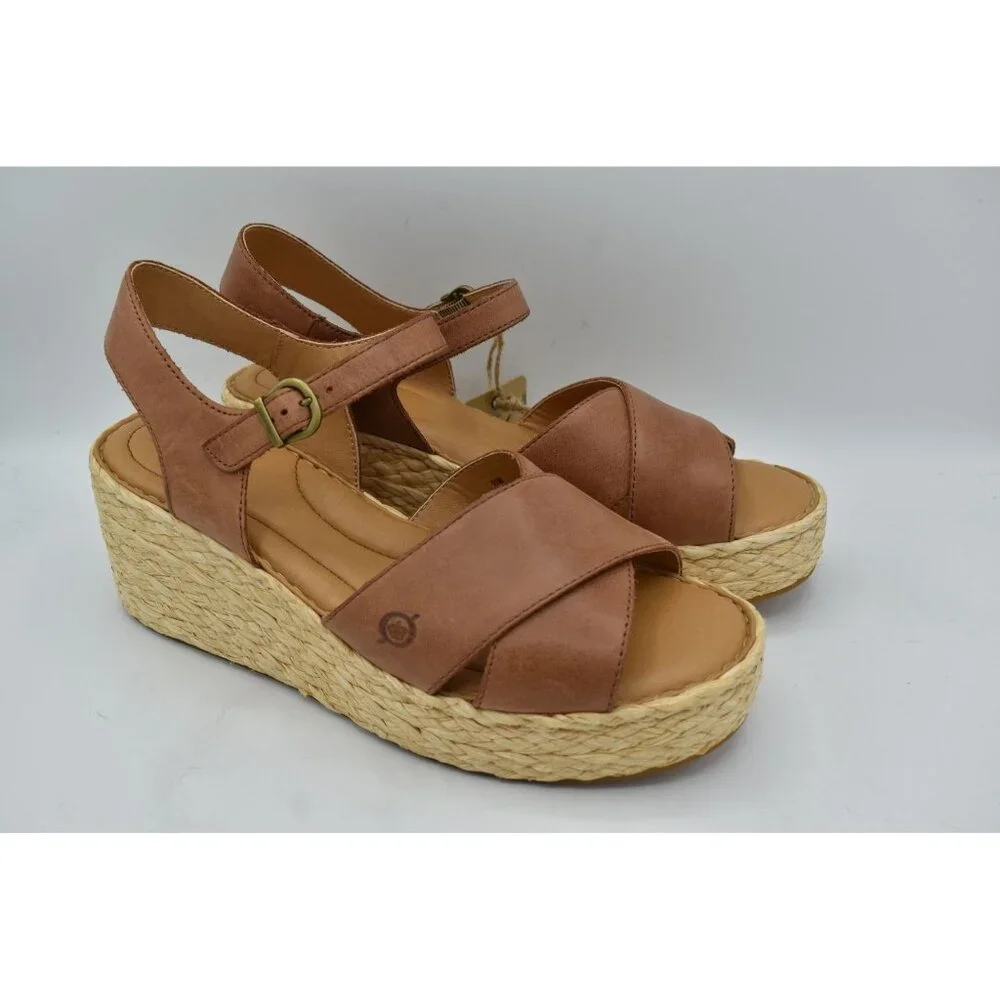 Born Womens Size 11 Moriah Brown Full Grain Leather Espadrille‎ Wedge Sandals
